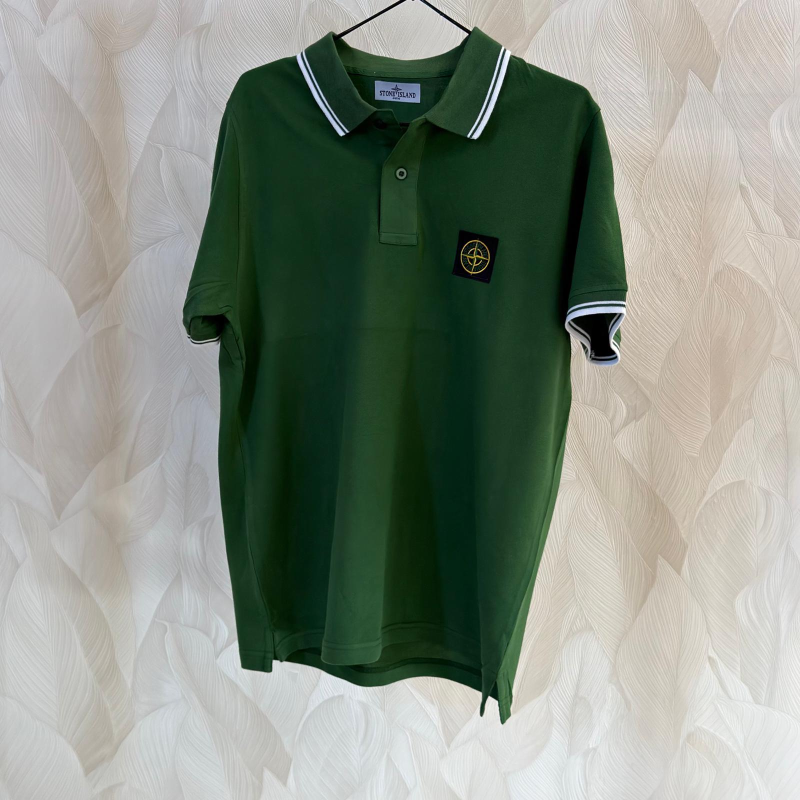 POLO STONE COTONE CON RIGA BIANCA A CONTRASTO COLORE VERDE